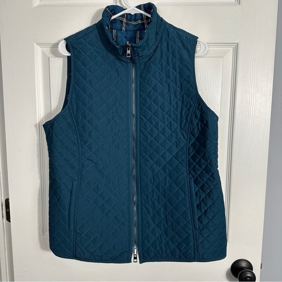 Chico's reversible quilted vest with pockets, teal/plaid, no size tag, zip front - Picture 1 of 8